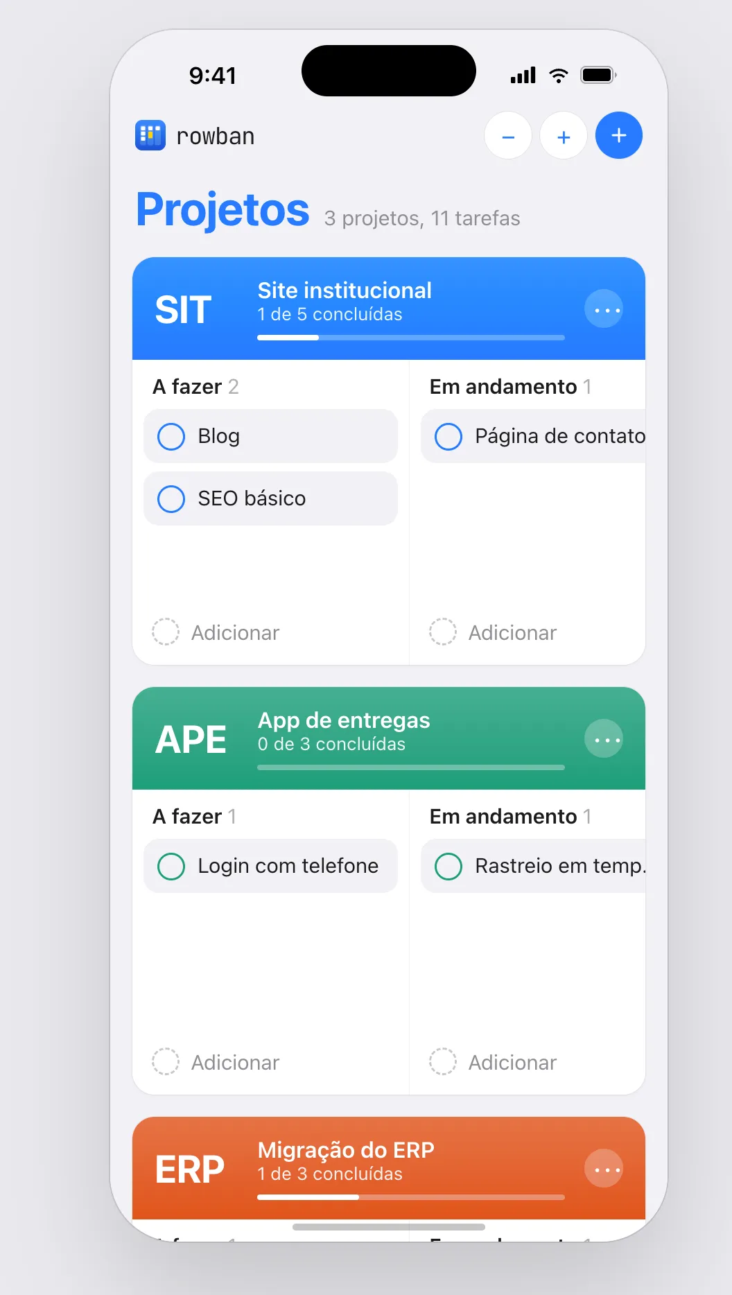 Rowban no iPhone com os projetos Site institucional e App de entregas